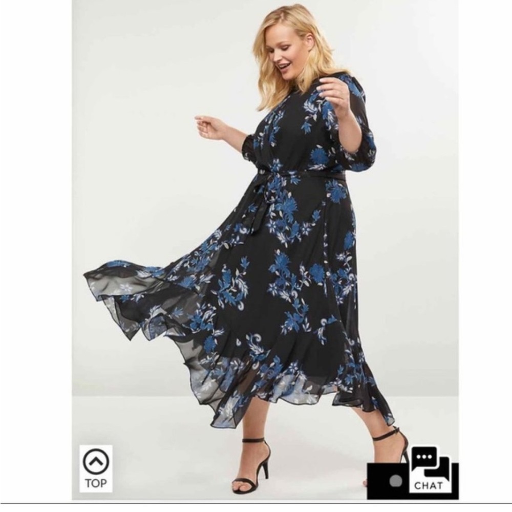 Lane Bryant Black Floral Dress Long Sheer Sleeve Ruffle Hem